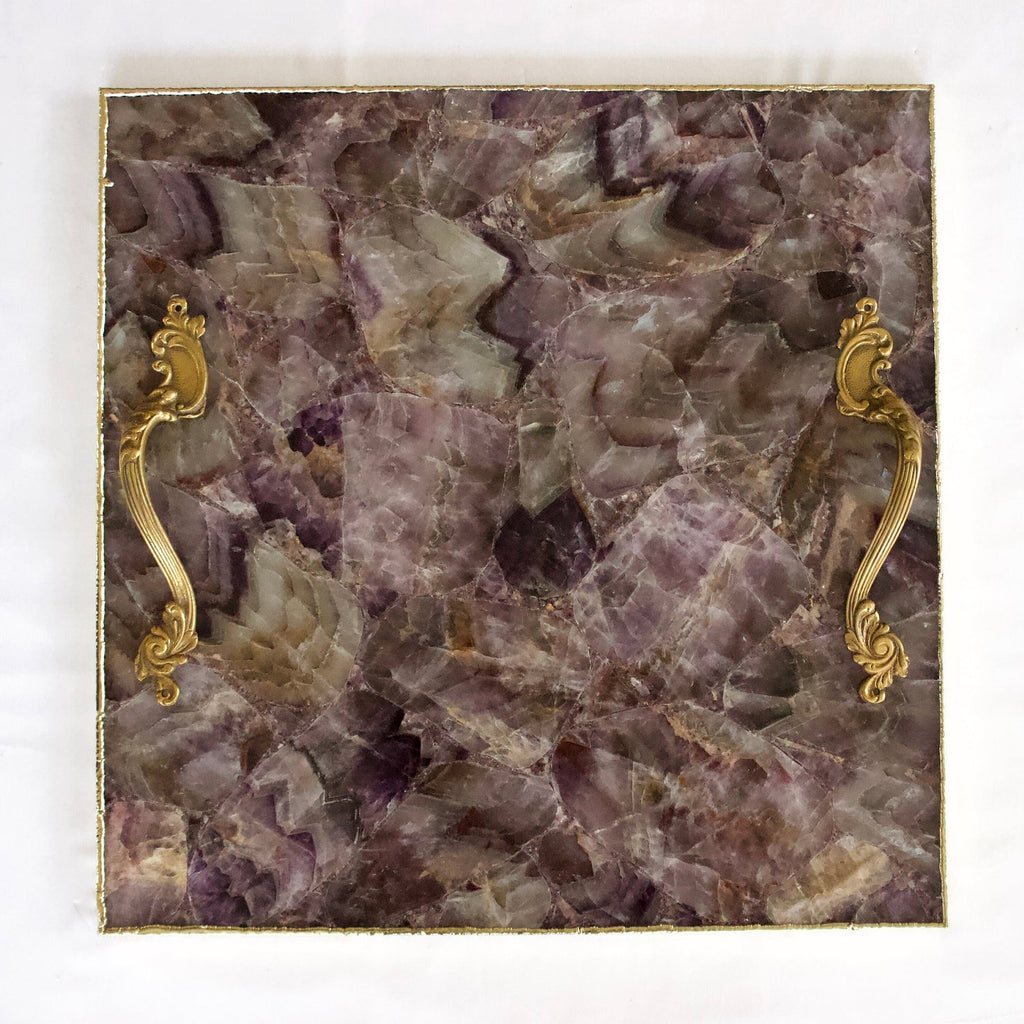 Amethyst Agate Serving Tray With Brass Handles | Square